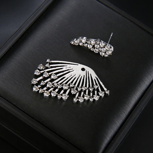 Silver rhinestone fan-shaped asymmetric stud earring with post back detail