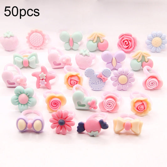Set of frosted resin kids rings with cartoon flowers, hearts, bows, and animals—50 pcs