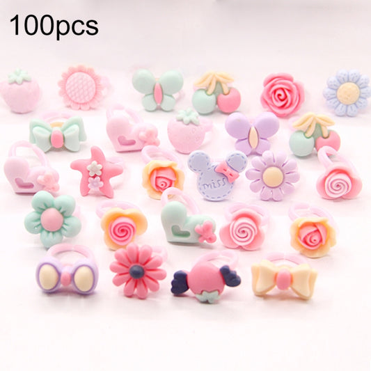 Set of frosted resin kids rings with flowers, hearts, bows, and animal designs, assorted pastels