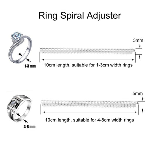 Ring spiral adjuster tool with coiled chain for resizing ring fit