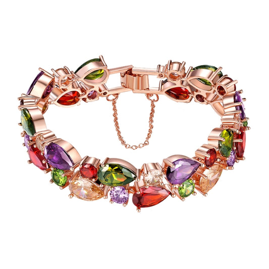 Rose gold tone multicolor zircon bead bracelet with hinged clasp and dangling extender