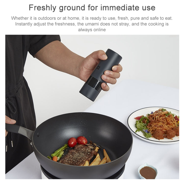 Electric pepper grinder, black handheld above skillet with seasoning