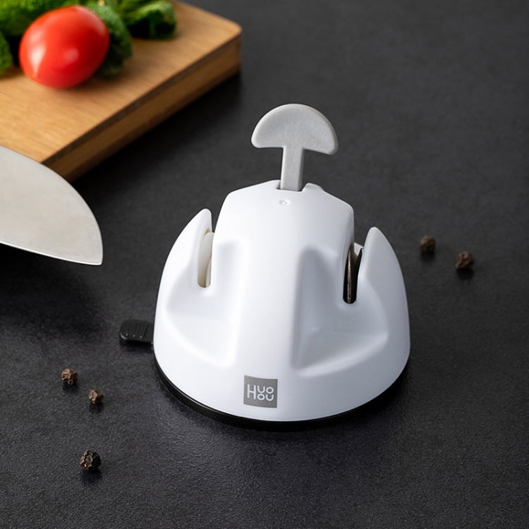White countertop double-wheel knife sharpener with raised handle
