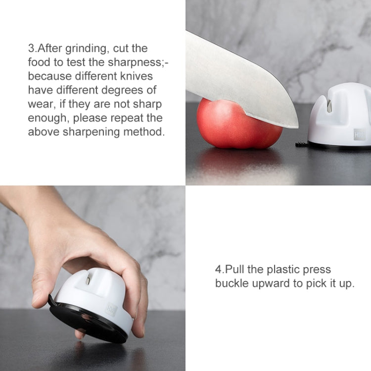 White double-wheel knife sharpener with suction base and knife grinding
