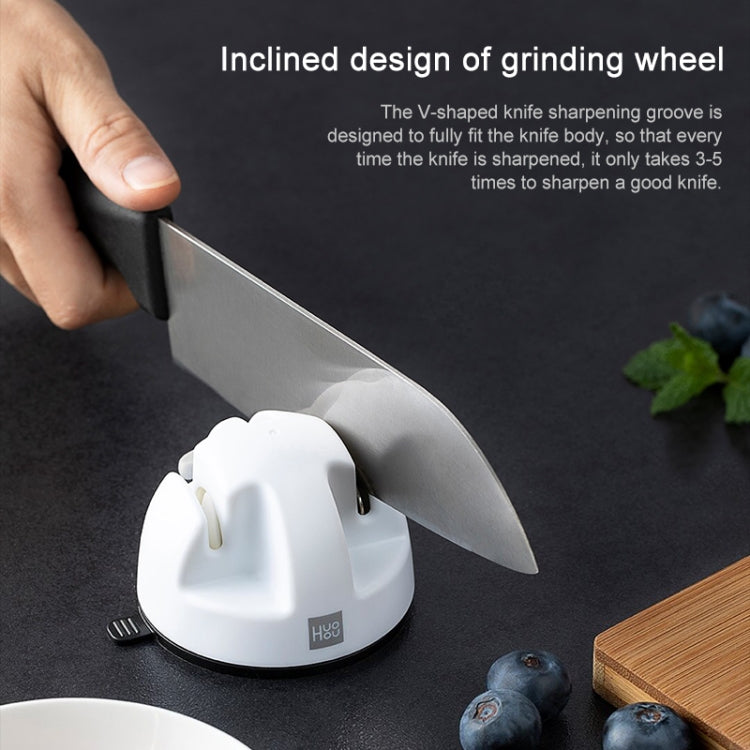 White double-wheel knife sharpener with inclined groove for blade sharpening