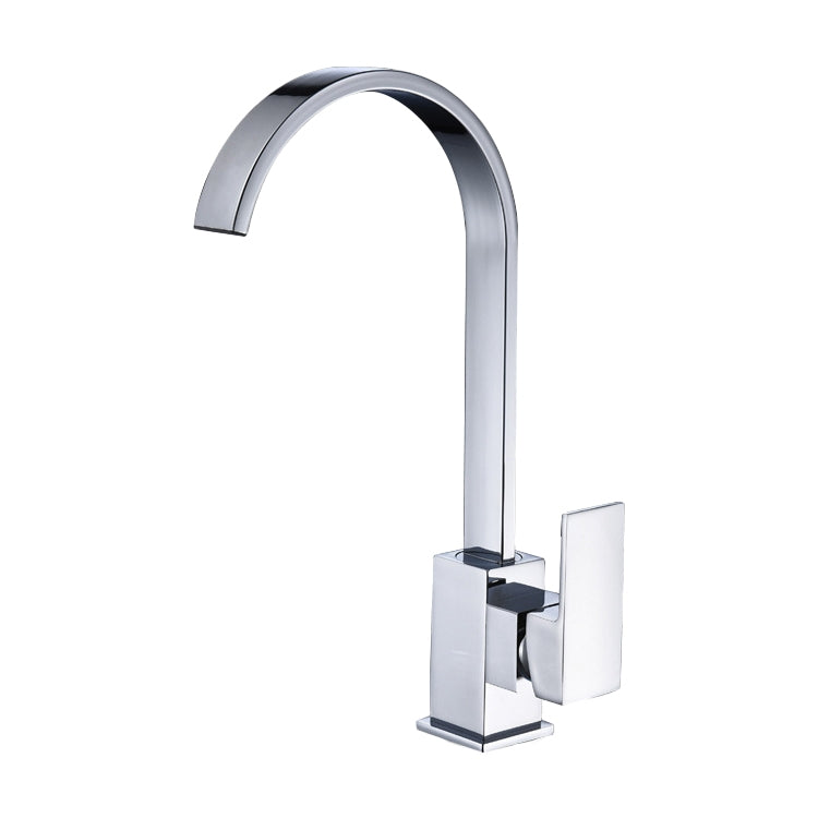 Chrome rotatable single-handle sink faucet with square base and arched spout