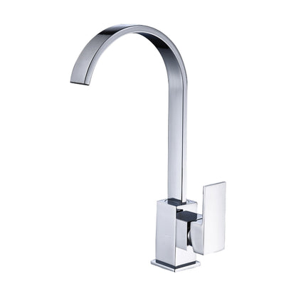Chrome rotatable single-handle sink faucet with square base and arched spout
