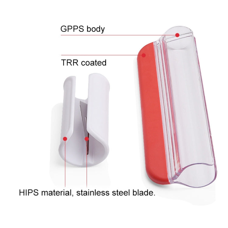 Red and white tomato slicer with clear chamber and stainless steel blade