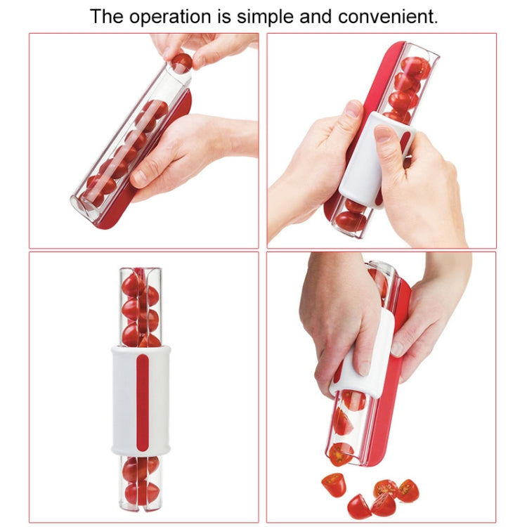 Red and white tomato slicer shown for simple press-and-slice operation