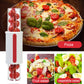 Tomato slicer tool with clear cylinder and red handle for cutting cherry tomatoes