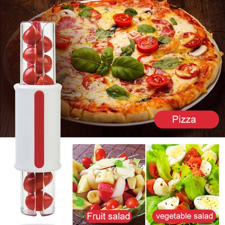 Tomato slicer tool with clear cylinder and red handle for cutting cherry tomatoes