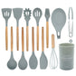 13-piece silicone cooking utensils with wood handles and large canister for storage