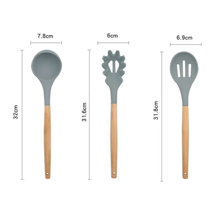 Silicone ladle with wood handle and heat-resistant bowl; dimensions shown