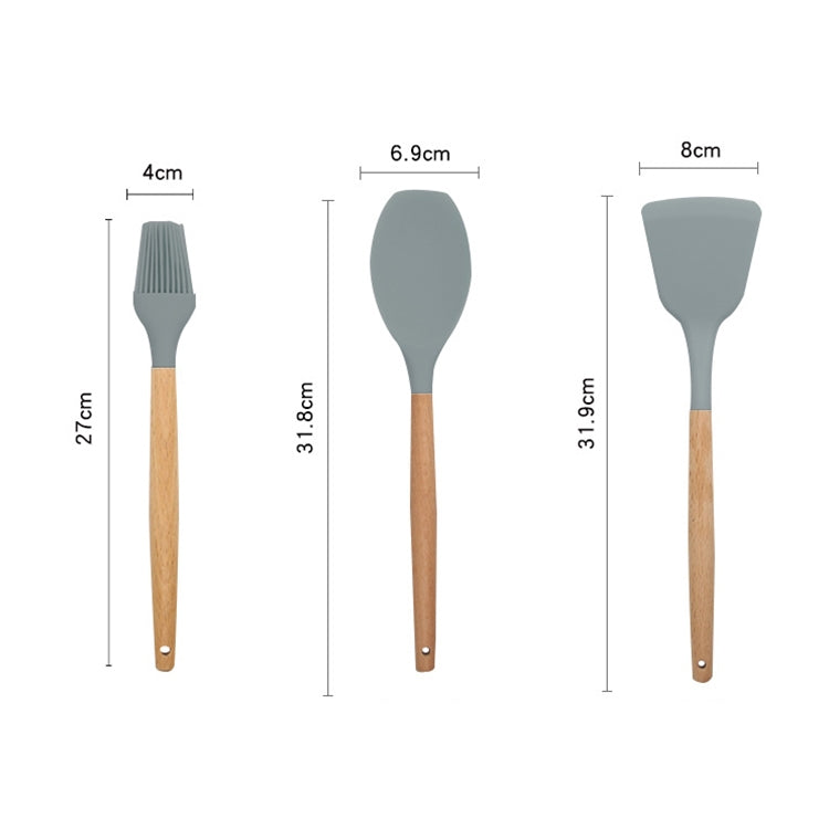 Silicone spatula and scraper with wood handles; heat-resistant heads; dimensions shown