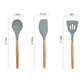 Silicone spoon tools with wood handles; heat-resistant heads; dimensions shown
