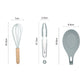 Silicone whisk and small tong tools with wood handles; dimensions shown