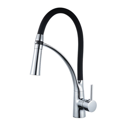 Pull-out kitchen faucet with curved gooseneck, black neck, and chrome single-handle control