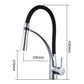 Chrome pull-out kitchen faucet with black gooseneck and side knob; with dimension markings