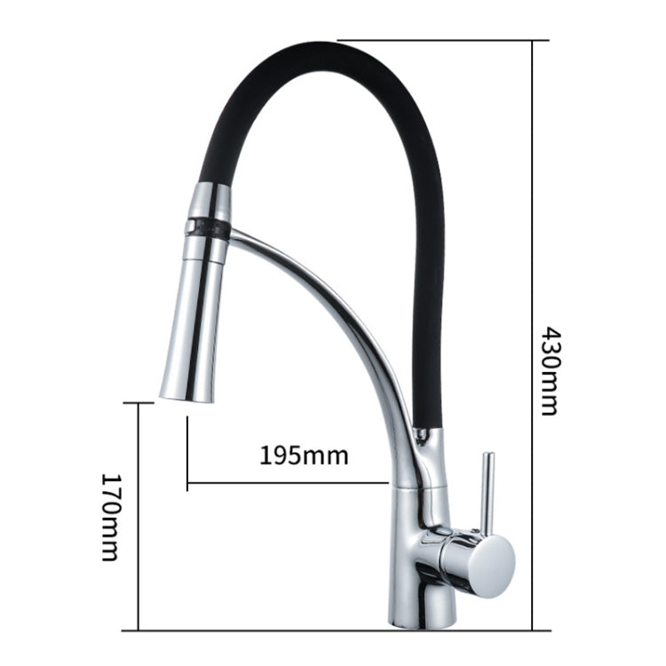Chrome pull-out kitchen faucet with black gooseneck and side knob; with dimension markings