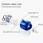 Faucet valve cartridge with ceramic core, rubber seals, and blue housing components