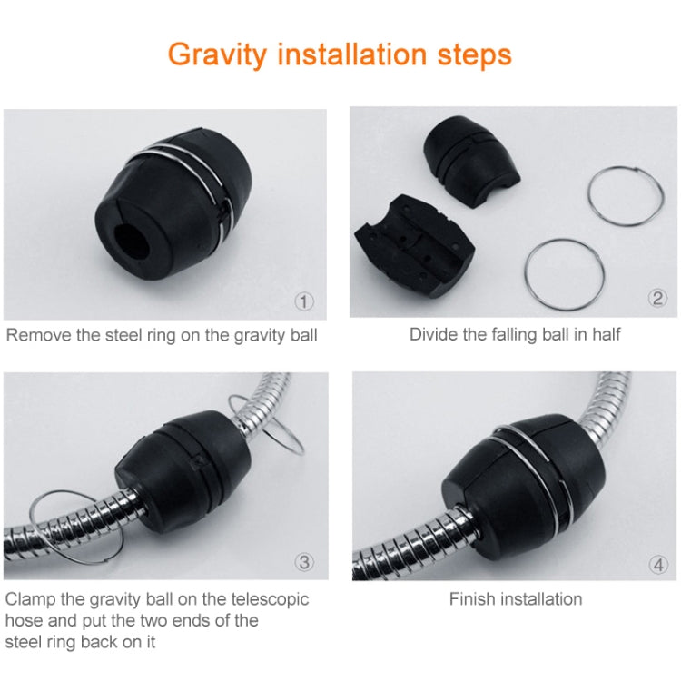 Gravity installation hardware with black connectors and coiled stainless hoses