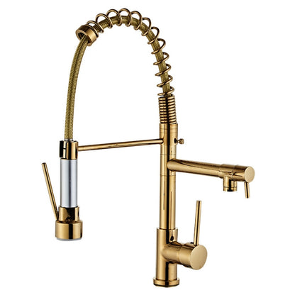 Gold kitchen sink faucet with spring pull-down sprayer and dual outlet controls