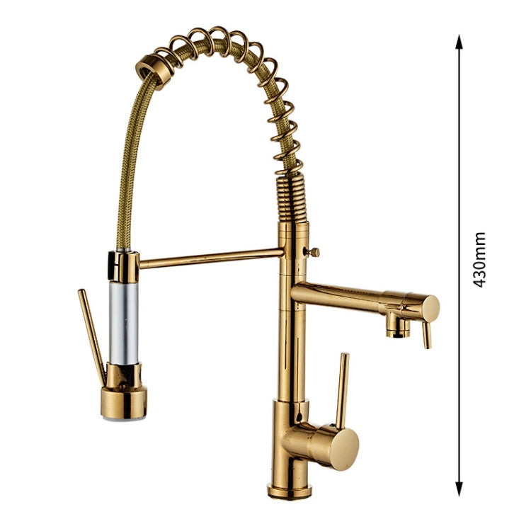 Gold pull type kitchen faucet with tall arched spout, spring hose, and hot/cold handles