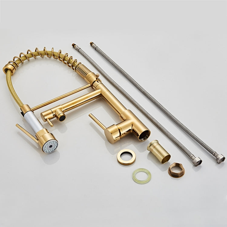 Gold faucet parts kit with spring hose, spout, valves, and mounting accessories