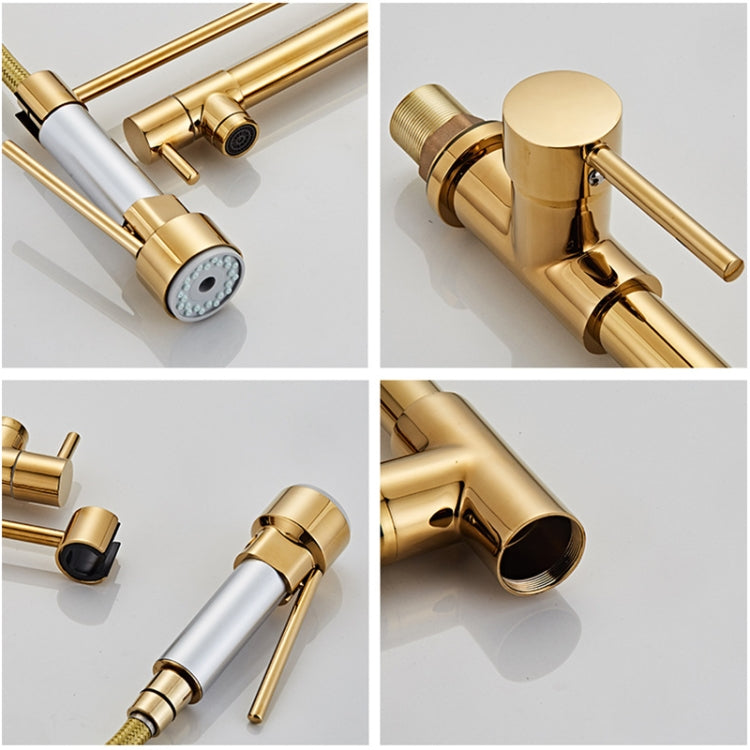 Gold faucet detail views showing pull-down nozzle, connectors, and outlet ports