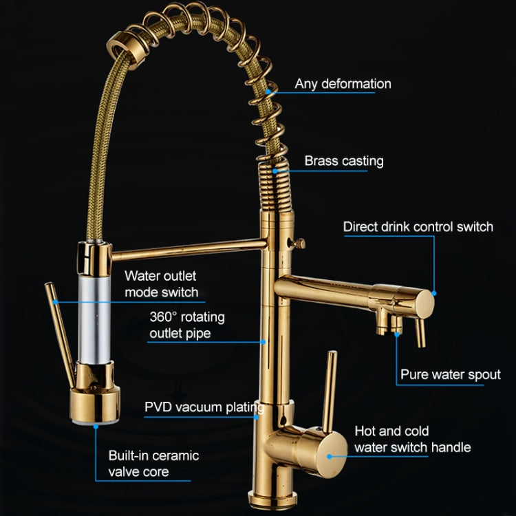 Gold kitchen sink faucet with spring hose, hot/cold switch handles, and direct water spout