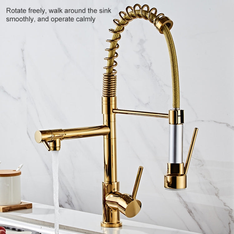 Gold pull-down kitchen faucet with spring hose, curved spout, and two vertical control stems