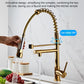 Gold kitchen sink faucet with 360-degree rotating spring hose and pull-down sprayer