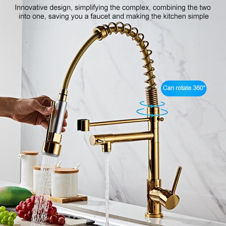 Gold kitchen sink faucet with 360-degree rotating spring hose and pull-down sprayer