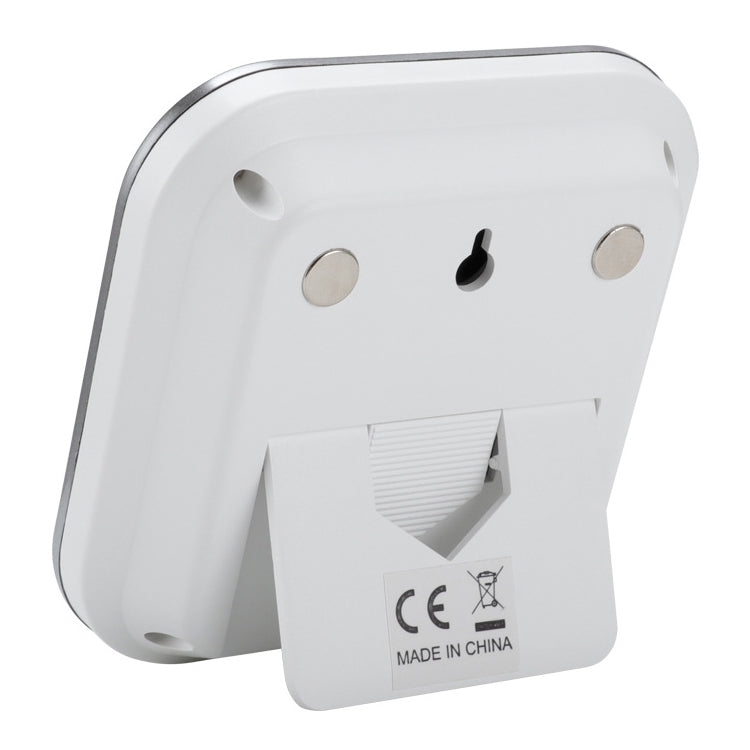 Digital touch timer alarm clock back panel with mounting holes and compliance label
