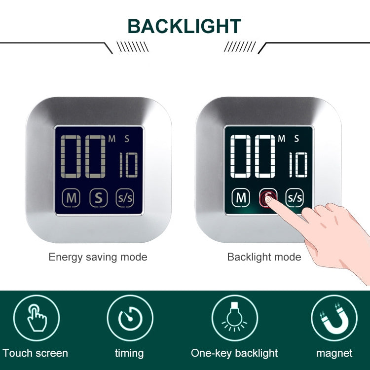 Digital touch timer alarm clock showing backlight mode with touch control buttons