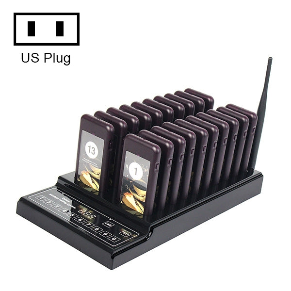 Wireless paging base with 20 dark pagers and long antenna, black dock