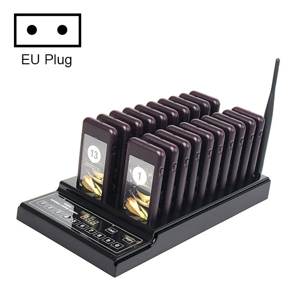 Black wireless paging base with antenna, keypad, and 20 charging slots