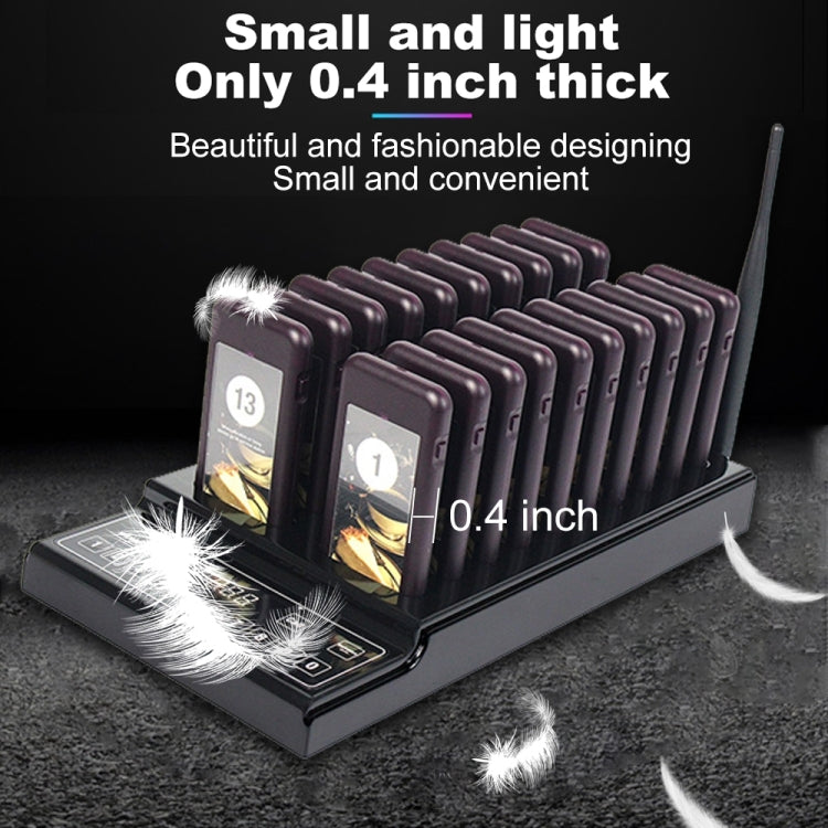 Thin wireless restaurant paging base with stacked dark purple pagers