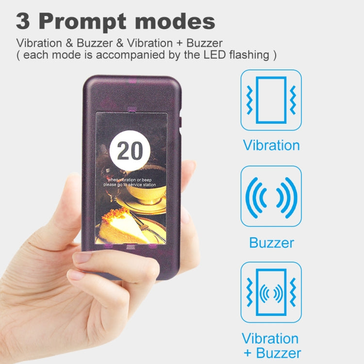 Handheld dark pager showing vibration and buzzer prompt modes