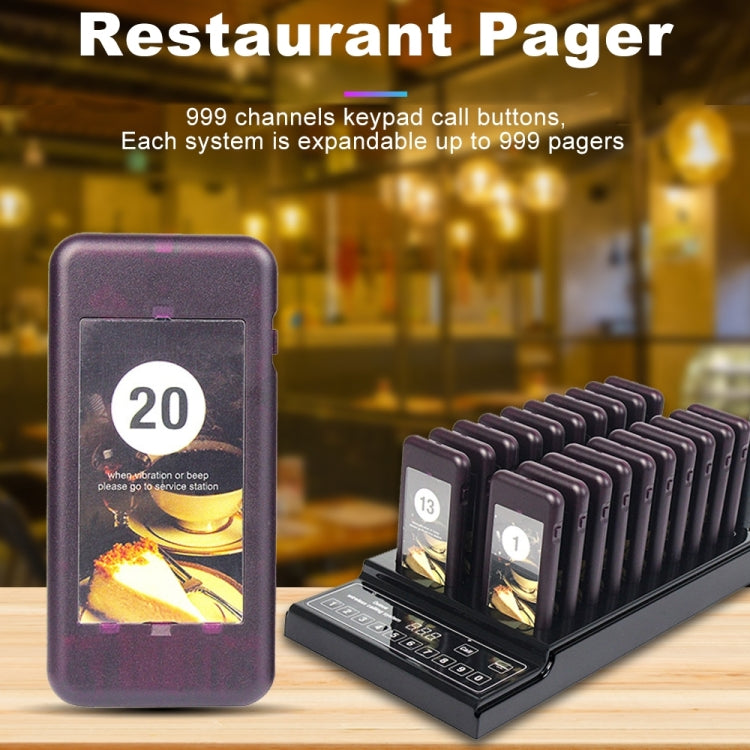 Restaurant wireless pager set with dark purple coaster pagers and charging base