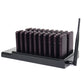 Wireless queue calling base with antenna and upright dark pagers in charging rack
