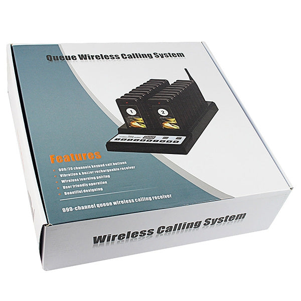 Wireless calling system retail box with features graphic and black pager base