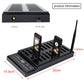 Wireless paging transmitter base with antenna, DC 5V input, and two pagers