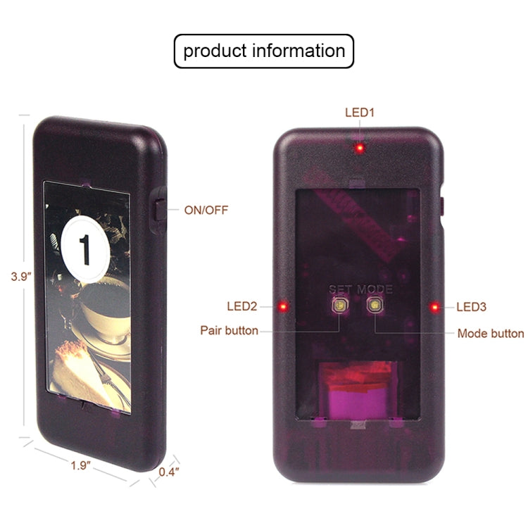 Handheld pager with screen, ON/OFF switch, and LED indicators for modes