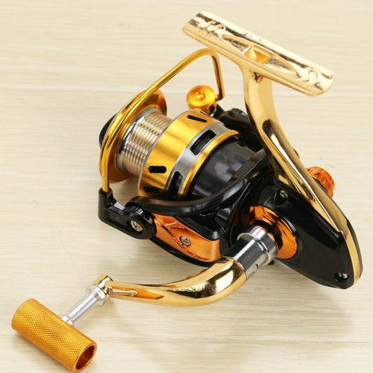 Metal fishing reel with gold frame, black spool, and orange handle grips
