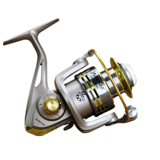 Metal spinning fishing reel with gold spool and hinged rocker arm, wire bail visible
