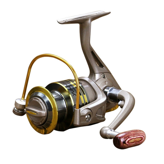Metal spinning fishing reel with gold spool and wood-textured handle, rocker arm frame