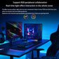 RGB ambient light strip lighting a gaming desk and monitors in blue and rainbow hues