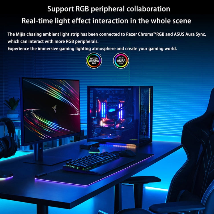 RGB ambient light strip lighting a gaming desk and monitors in blue and rainbow hues