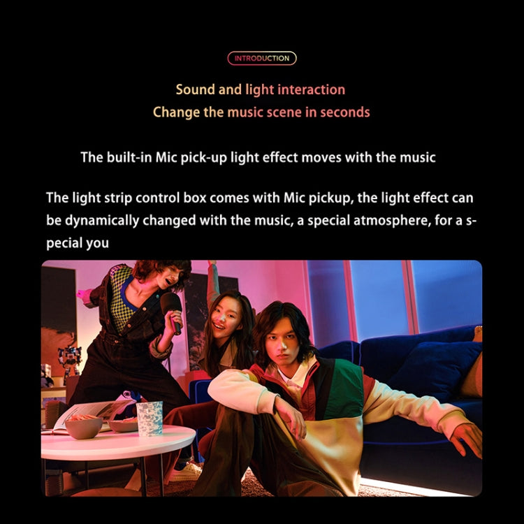 RGB ambient light strip producing colorful room lighting in a living room setting